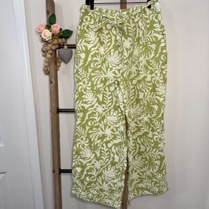 Rachel Zoe Green White‎ Floral Wide Leg High Rise Linen Pants Size Large